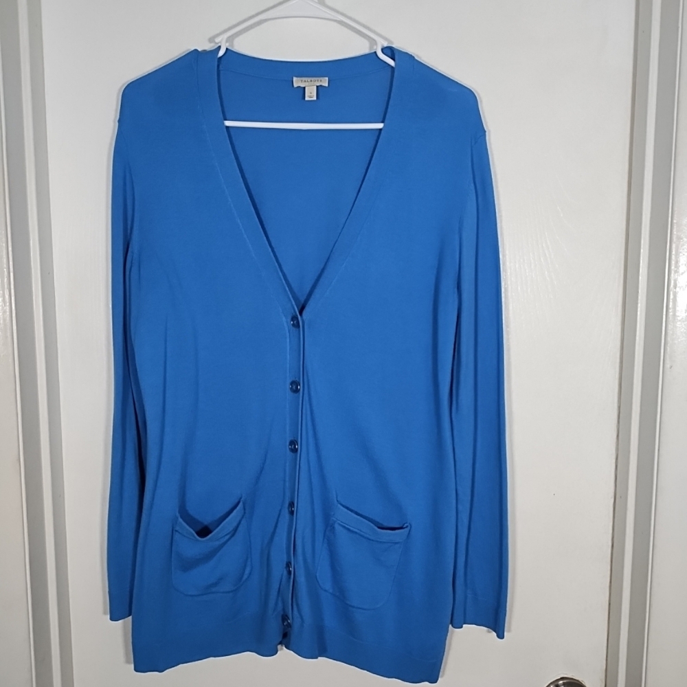 Talbots Womens S Cardigan Sweater Blue Slits Pockets Lightweight Tunic Length